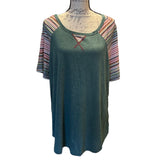 Front of Green dress with striped sleeves on a mannequin against a white background