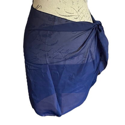 A blue sheer sarong wrap , shown wrapped around a beige mannequin torso against a white background.