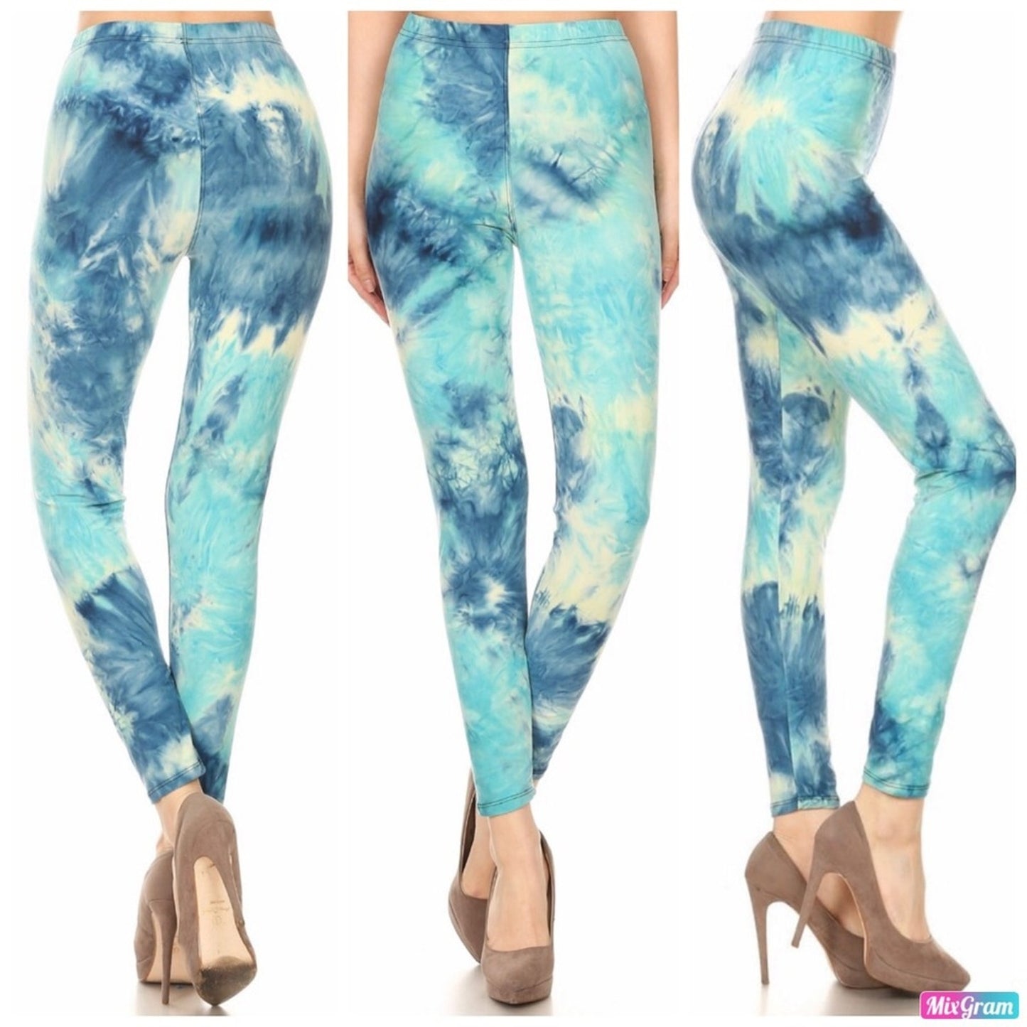 Blue and white tie-dye leggings worn by a person on a white background
