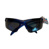Blue sunglasses with a tag on a white background