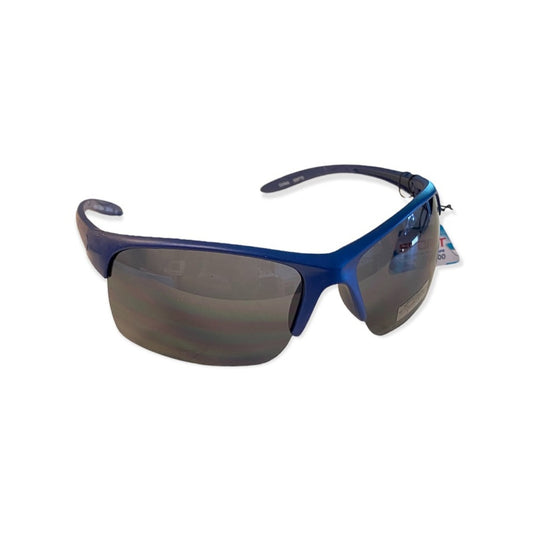 Blue sunglasses with dark lenses on a white background