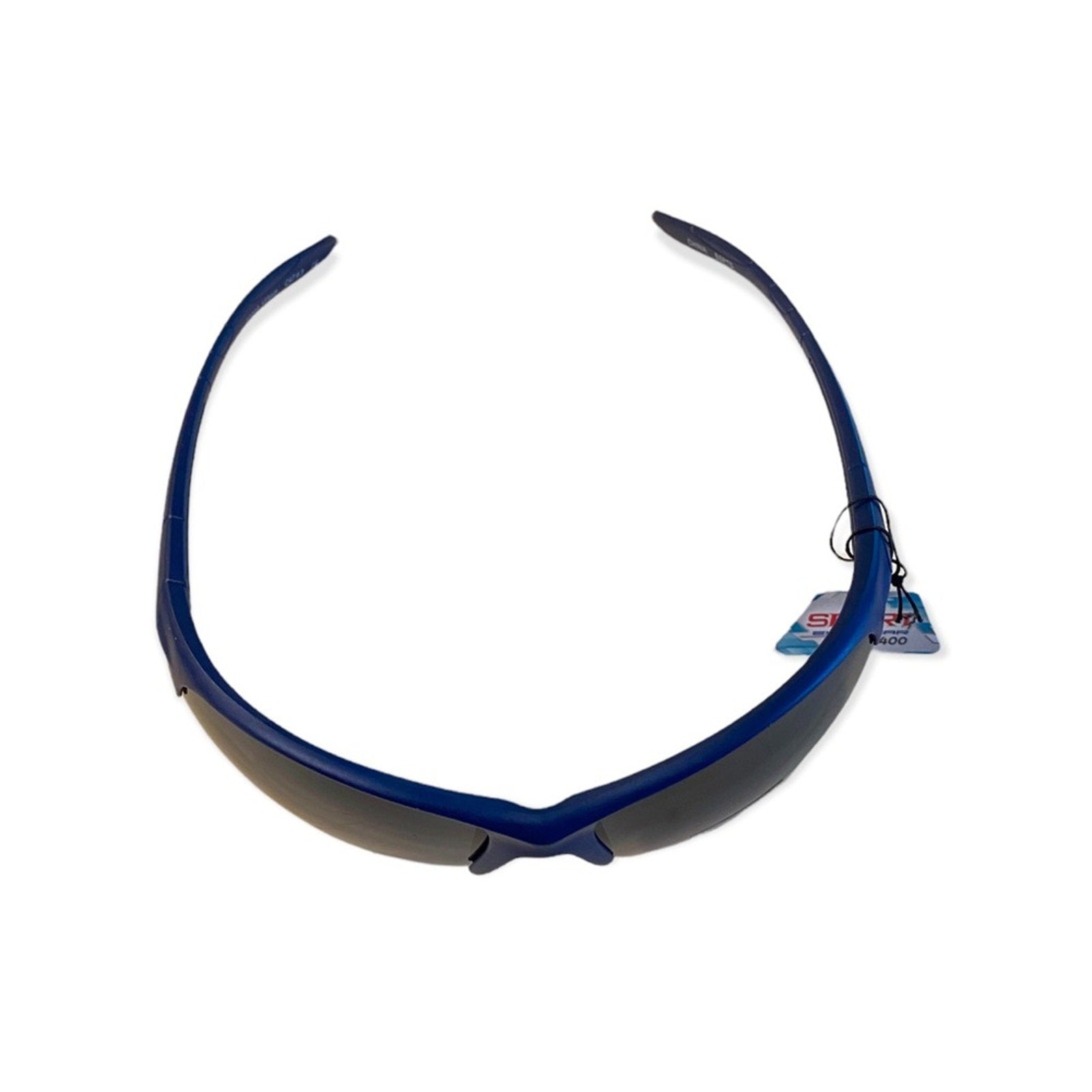 Top of Blue sunglasses with a tag on a white background