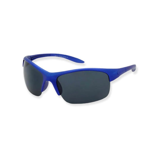 Blue sunglasses with dark lenses on a white background
