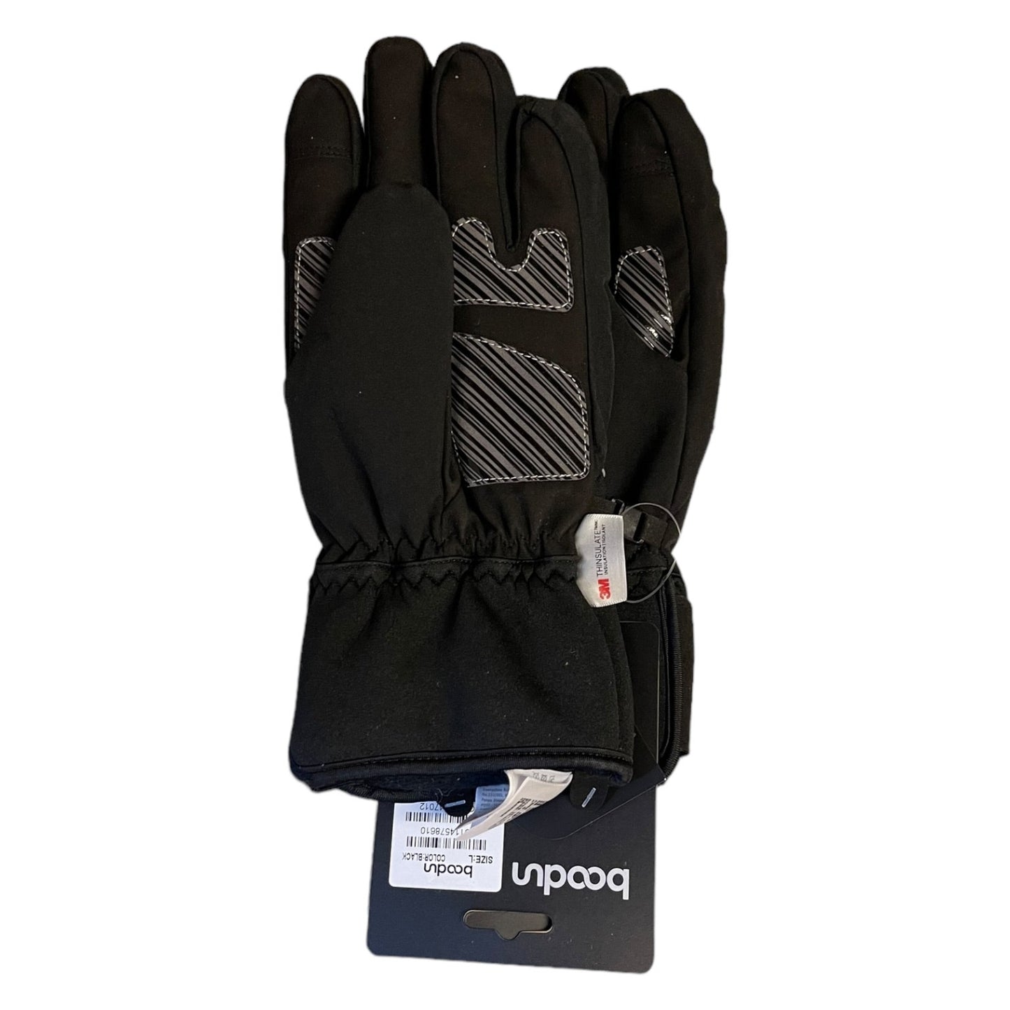 Black gloves on a white background with a visible brand label.