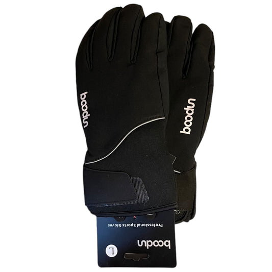 Black gloves with 'boodn' branding on a white background