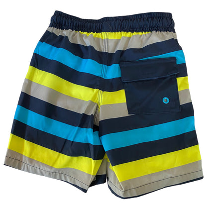 A pair of boy's striped swim trunks with horizontal bands of navy blue, bright blue, yellow, and gray, featuring an elastic waistband and a side pocket with a blue button.