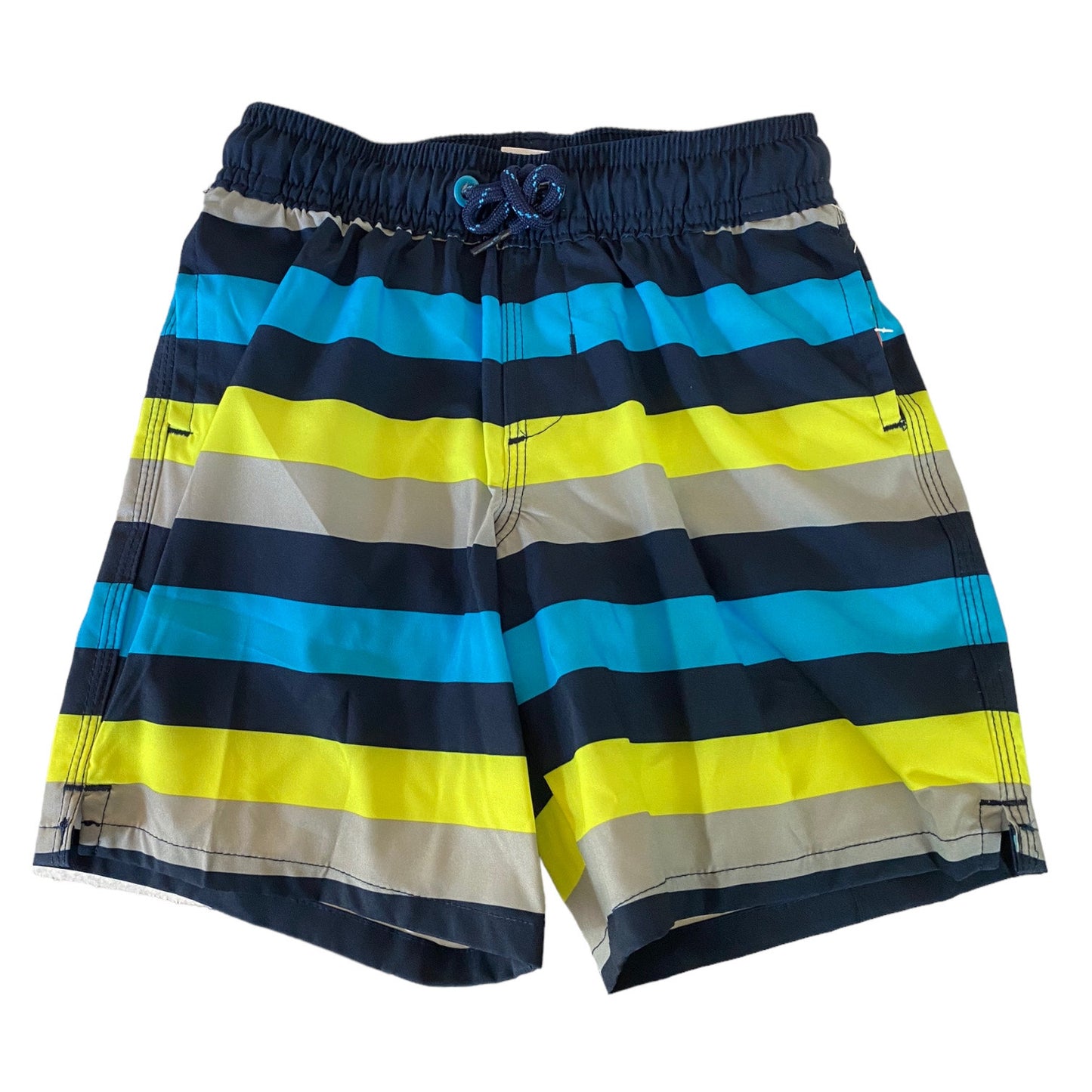 A pair of boy's swim trunks featuring horizontal stripes of navy blue, bright blue, yellow, and light gray, with a navy elastic waistband and a blue drawstring.
