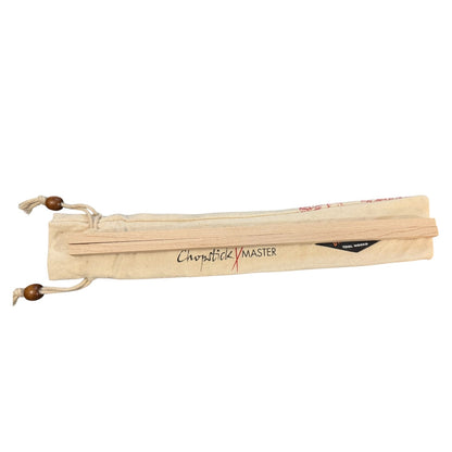A beige fabric drawstring case with wooden beads , labeled 'Chopstick MASTER' on a white background.