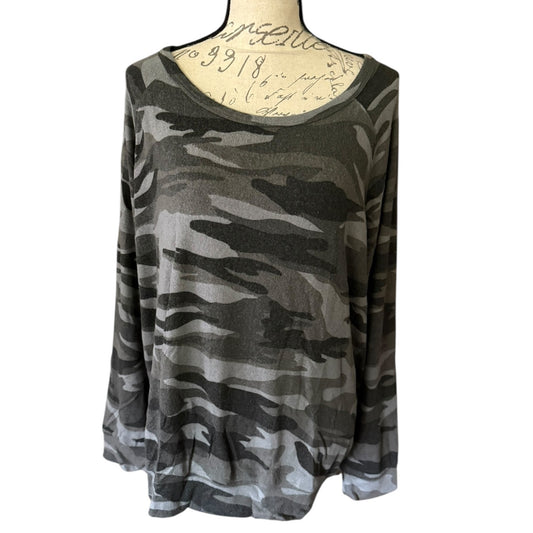 Front of Camouflage-patterned long-sleeve top on a mannequin with a white background