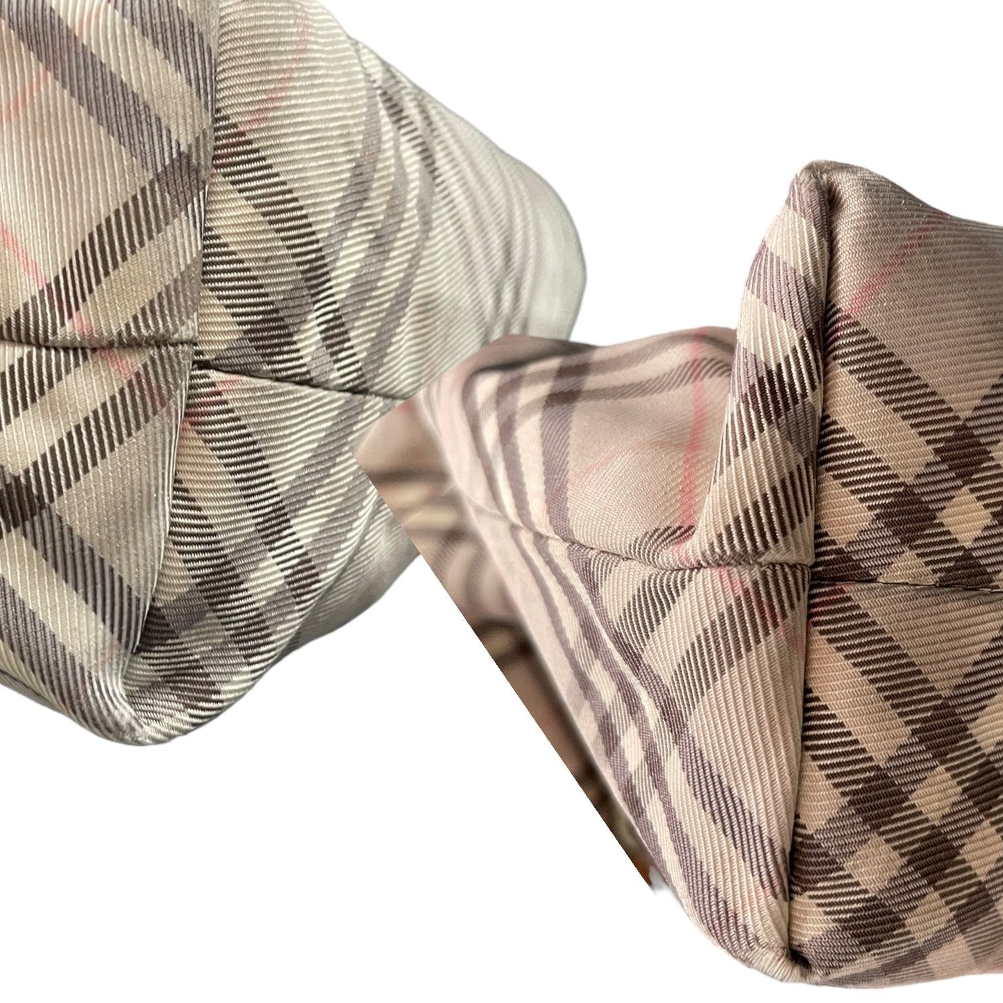 Close-up of a plaid purse corners with a focus on texture and color.