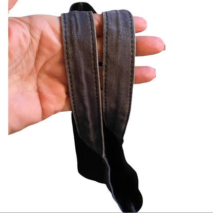 Hand holding blue bag handles with fading on a white background