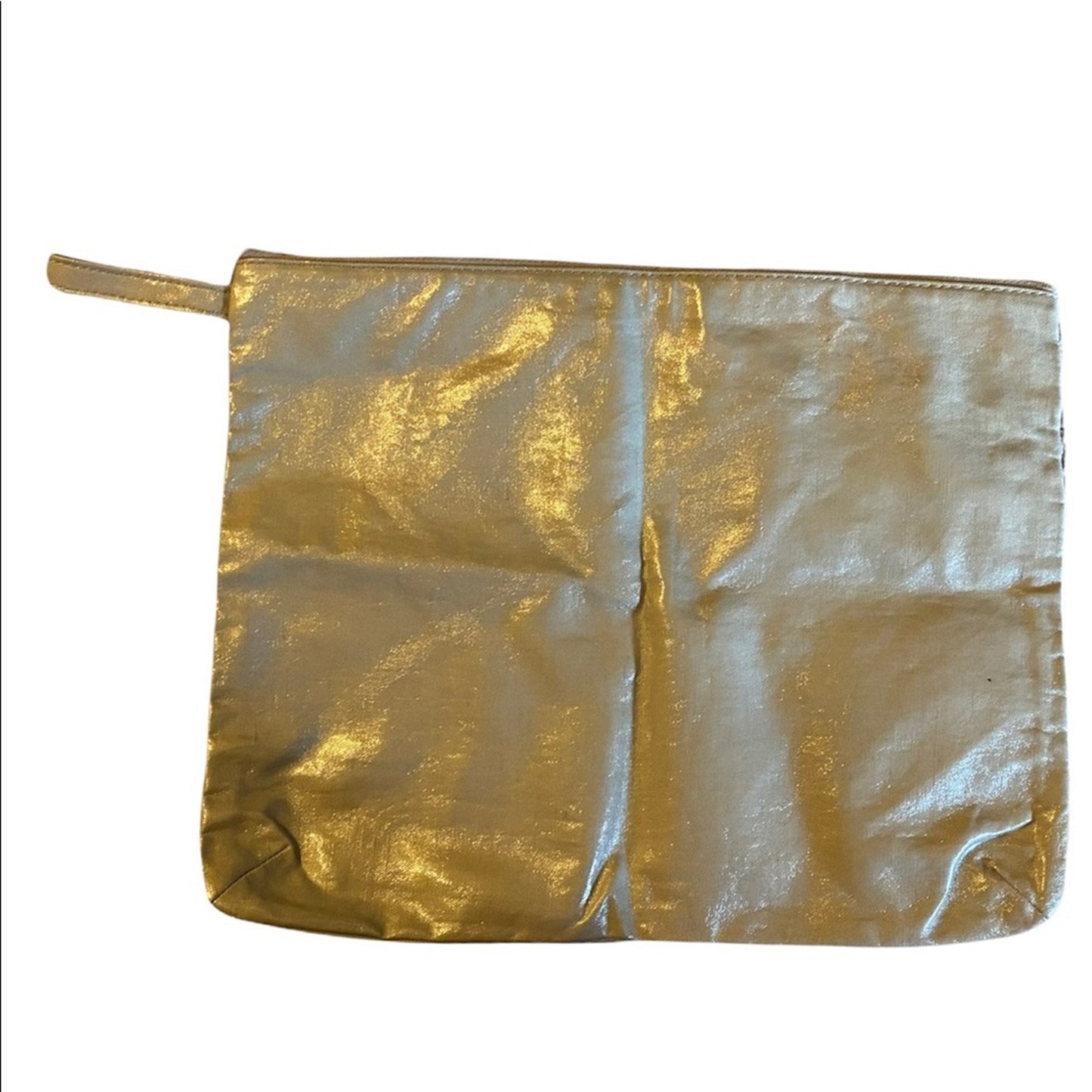 Back of Gold metallic pouch on a white background