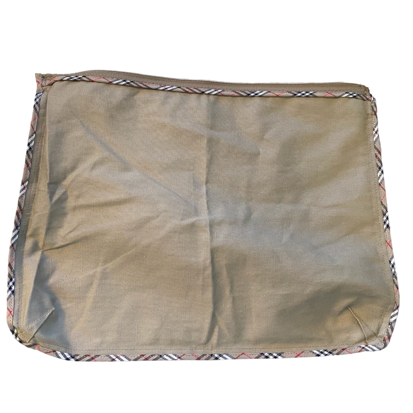 Pouch flipped inside out to show interior with plaid border on a white background