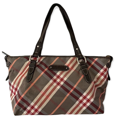 Burberry Plaid patterned handbag with black leather accents on a white background
