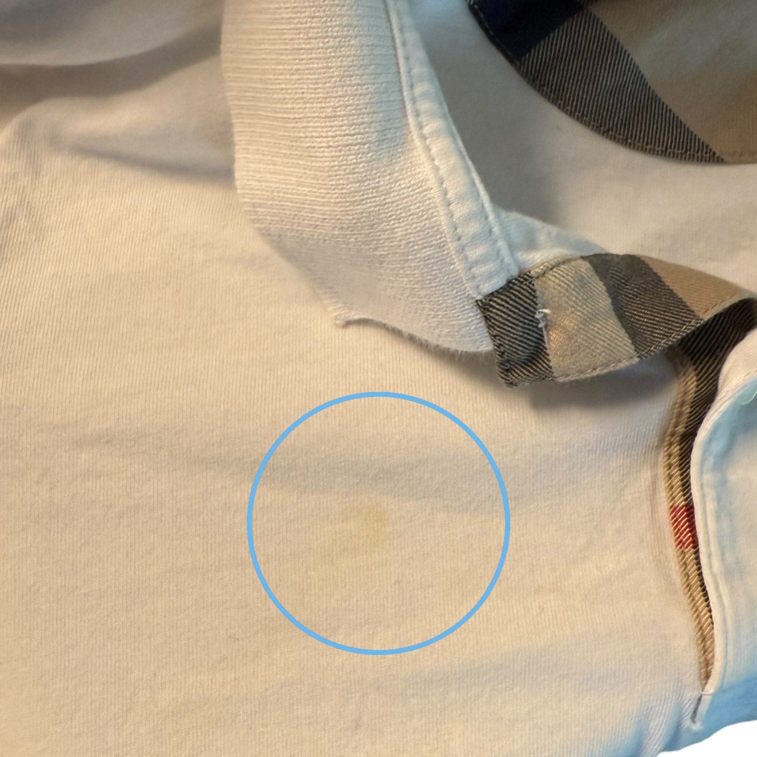 Close-up of issus on shirt with a blue circle highlighting a stain.
