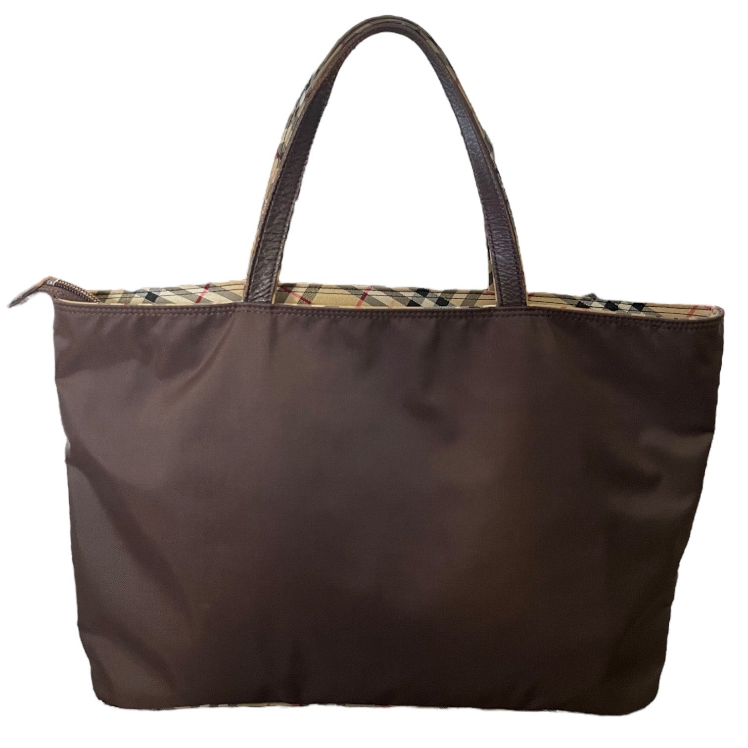 Back of Brown tote bag with plaid interior on a white background