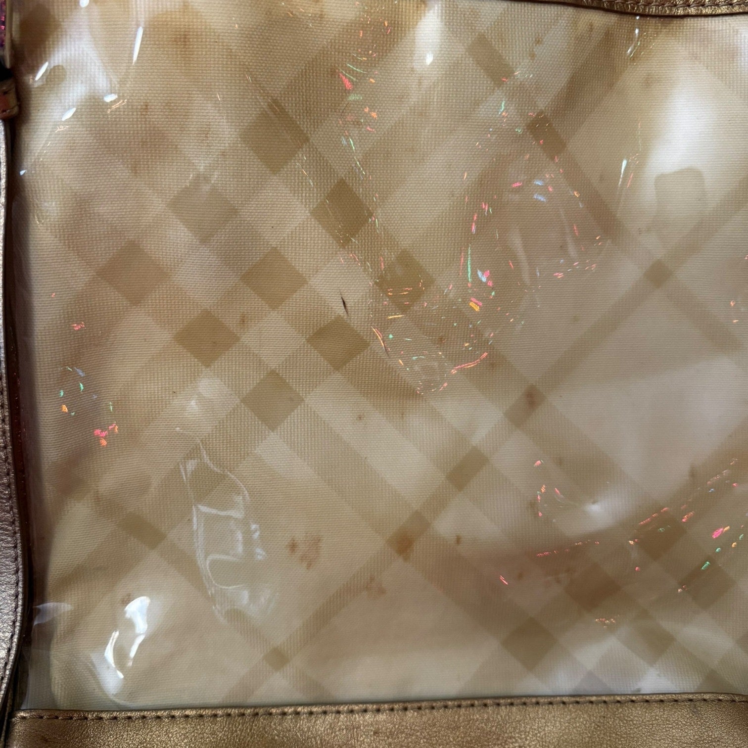 Close up on purse that shows dirt and marks on purse