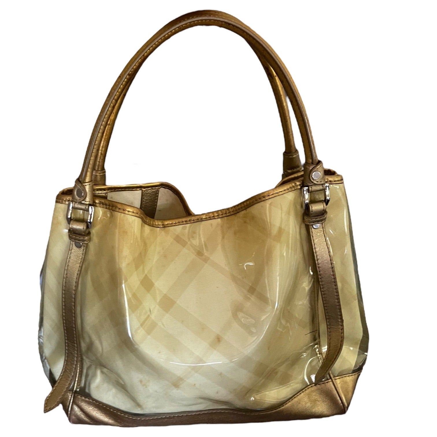 Back of gold and yellow Burberry purse