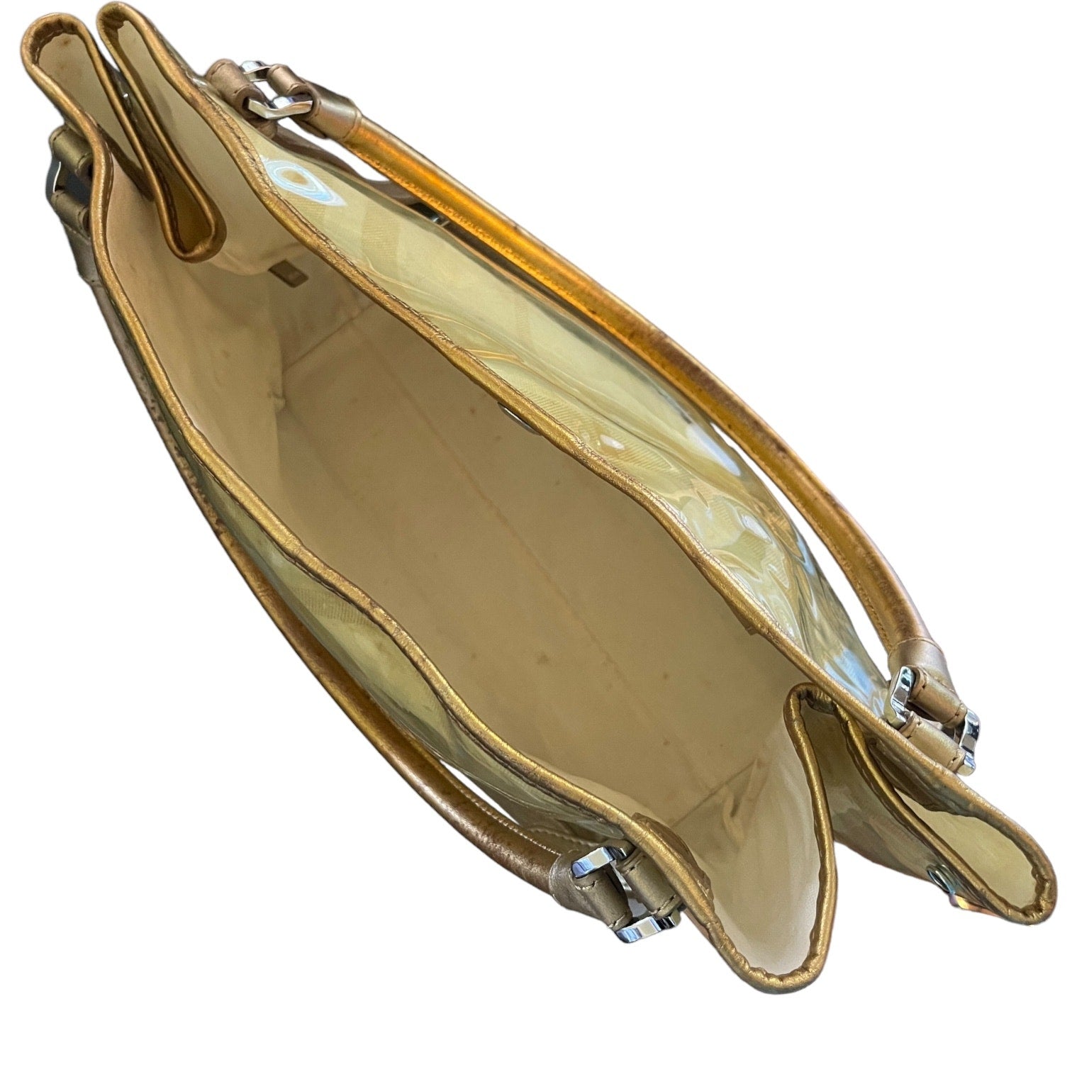 Top view of Burberry purse looking into bag