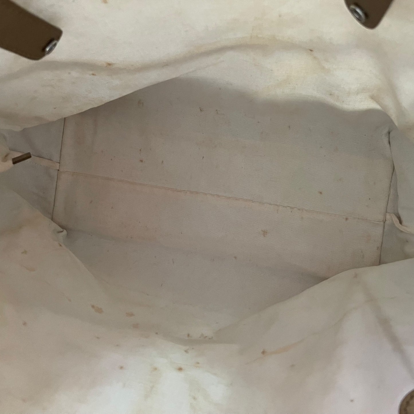 Interior of purse showing dirt and marks on purse