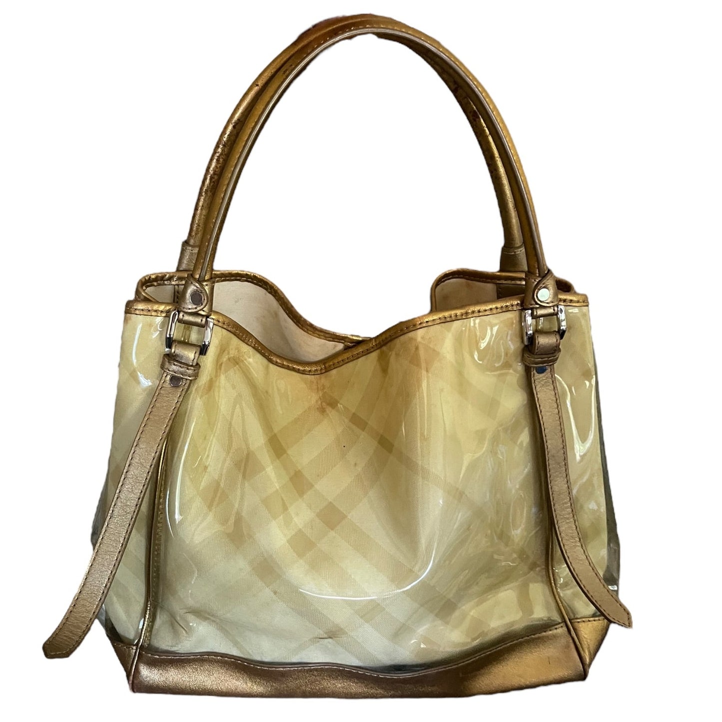 A Burberry Lawrence Gold Yellow Supernova Plaid Vinyl Tote with leather handles and clear vinyl body, displaying the brand's checkered pattern.