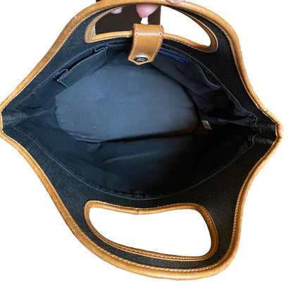 Open handbag with blue interior and brown handles on a white background