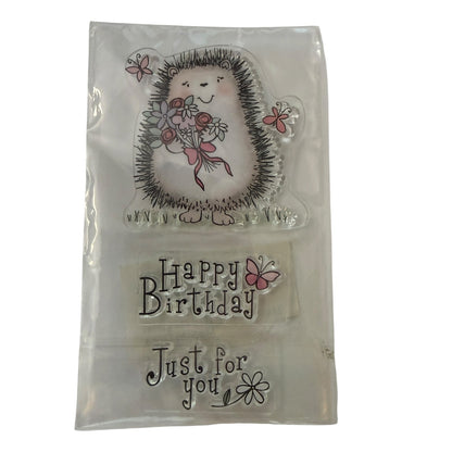 Hedgehog With Flowers Happy Birthday Just For you Unbranded Clear Rubber Stamp