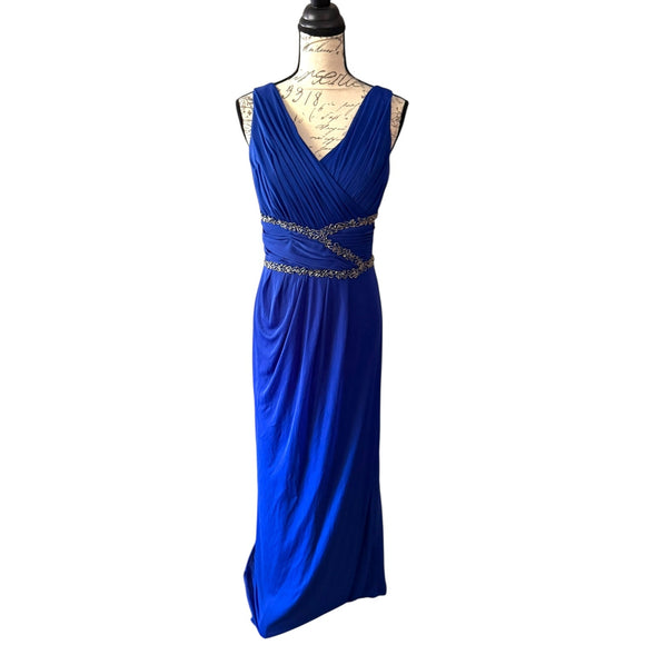 Front of Blue evening gown with beaded details on a mannequin against a white background