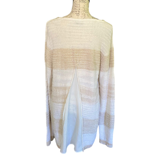 Back of Mannequin wearing a beige and white striped knit sweater on a white background