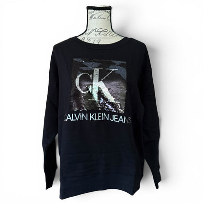 Black Calvin Klein Jeans sweatshirt on a mannequin with a white background