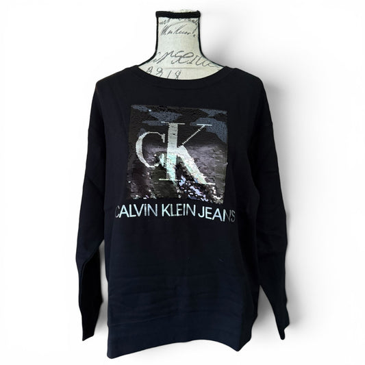 Black Calvin Klein Jeans sweatshirt on a mannequin with a white background