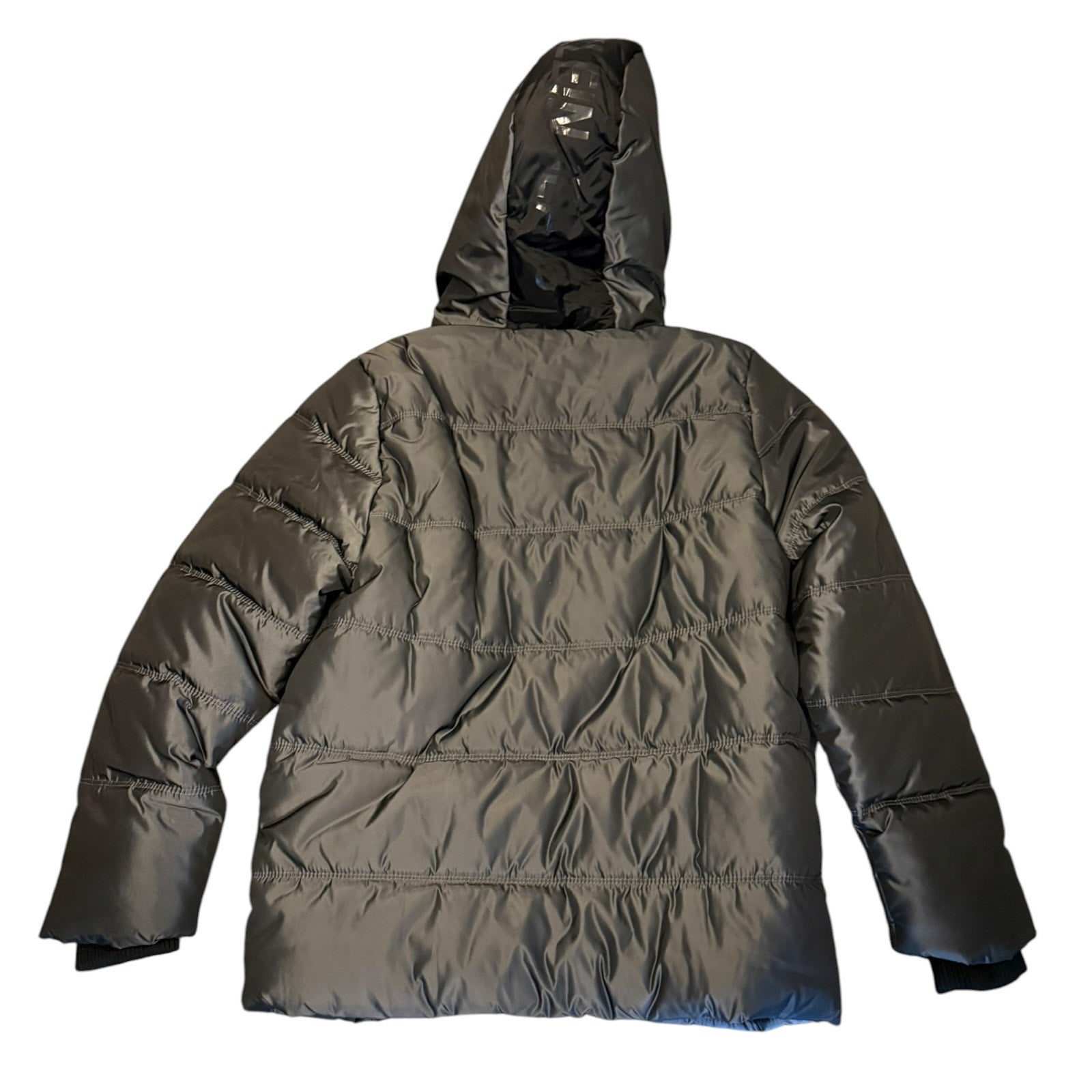 A dark gray hooded puffer jacket shown from the back, featuring horizontal quilting and a shiny, slightly reflective finish, set against a plain white background.