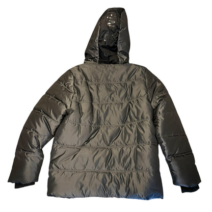 A dark gray hooded puffer jacket shown from the back, featuring horizontal quilting and a shiny, slightly reflective finish, set against a plain white background.