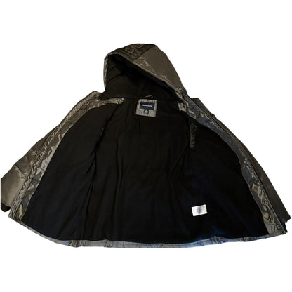 A black interior hooded jacket with shiny silver-gray exterior on the hood and sleeves, laid flat against a white background.