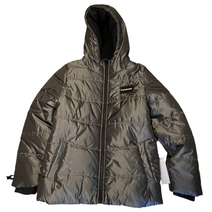 A dark gray hooded puffer jacket with horizontal quilting, a front zipper, and a small black-and-white logo patch on the chest, shown against a plain white background.