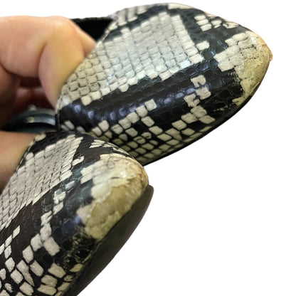 A close-up of a hand holding a pair of snakeskin-patterned shoes against a plain white background.