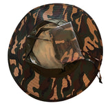 Bottom of Camouflage-patterned hat with a pouch on a white background