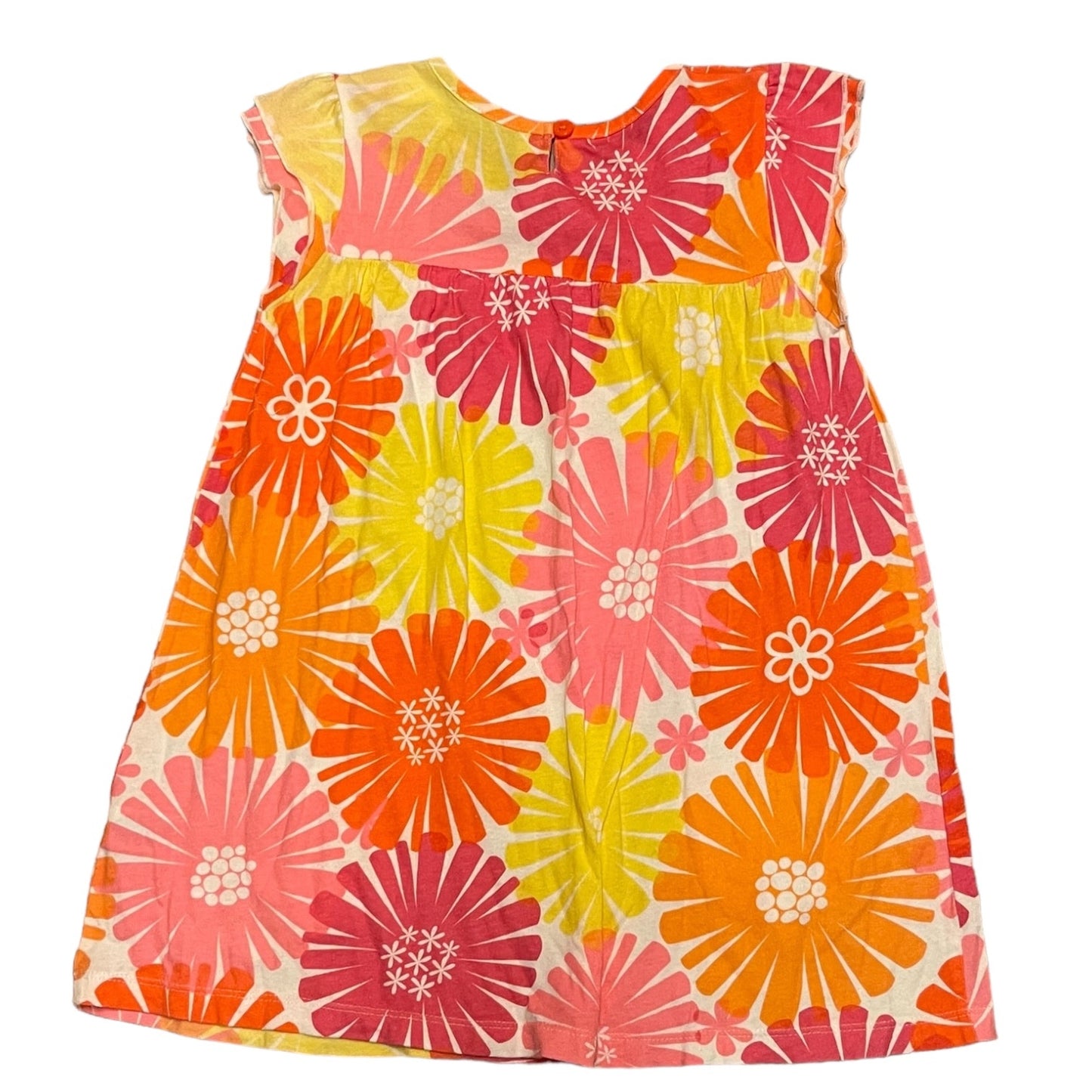 Back of Colorful floral dress with orange, pink, and yellow flowers on a white background