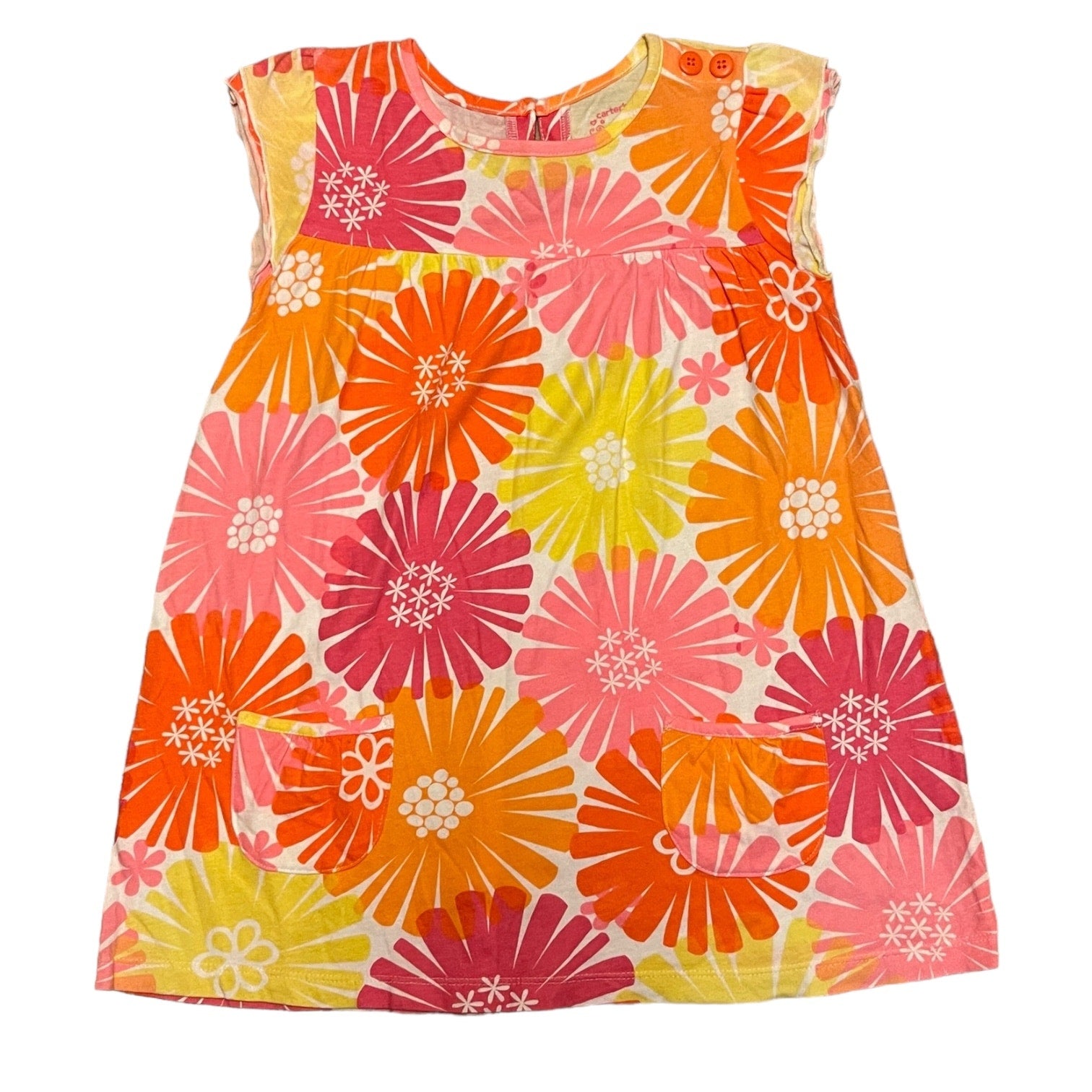 Front of Colorful floral dress with orange, pink, and yellow flowers on a white background