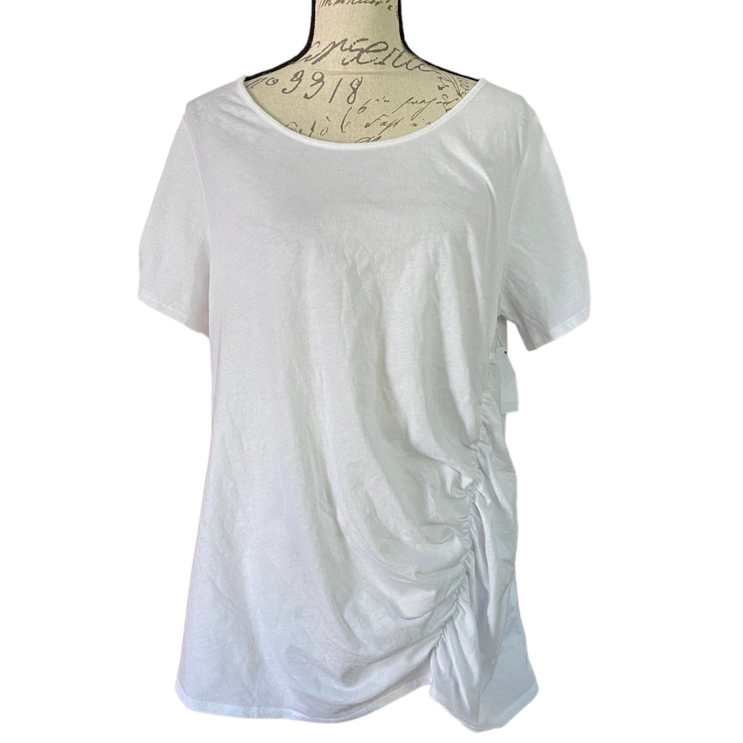 Front of White t-shirt on a mannequin with a white background