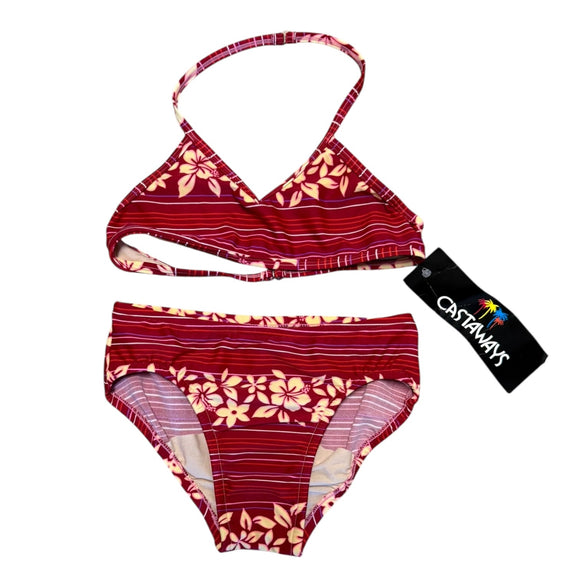 Pink and flower patterned bikini set with 'Castaways' brand tag on a white background