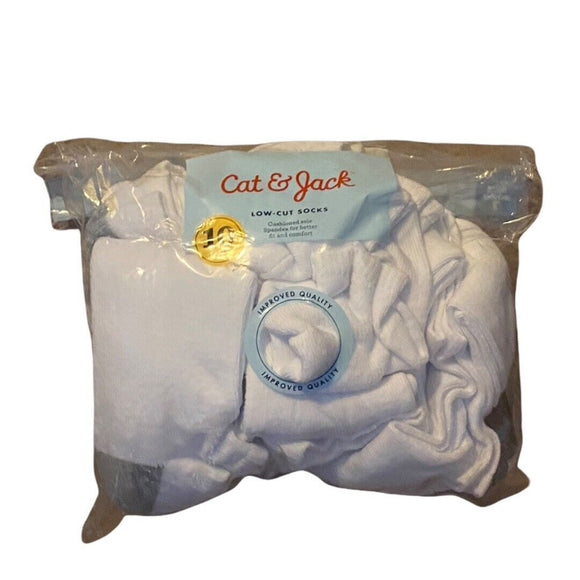 A pack of Cat & Jack low cut socks in white color, size L, displayed in its packaging.