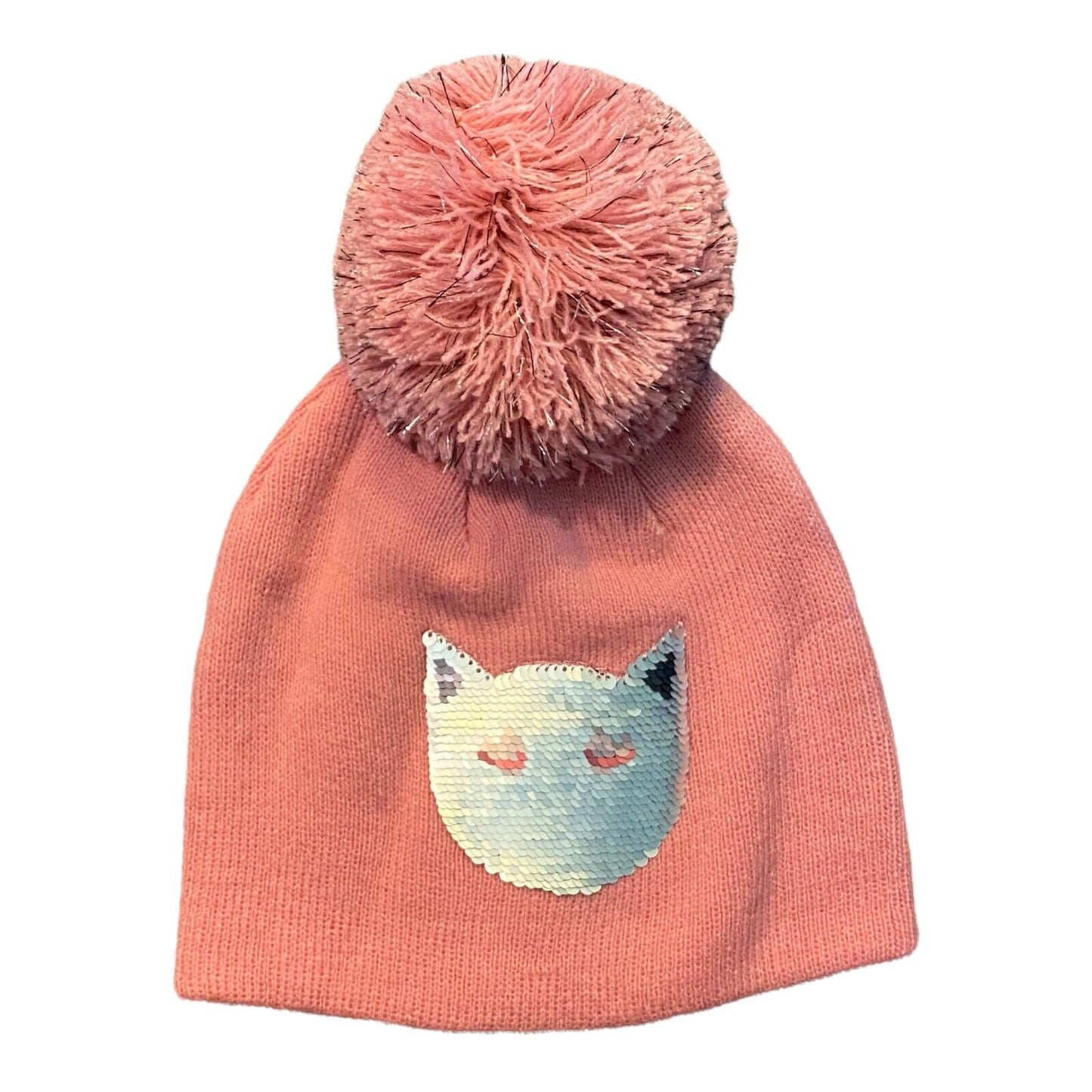 Pink beanie with a fluffy pom-pom and a cat face design on a white background