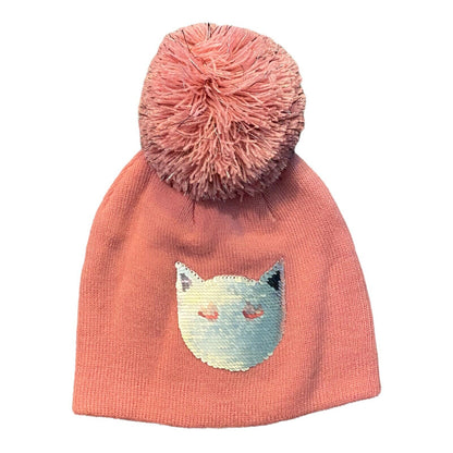 Pink beanie with a fluffy pom-pom and a cat face design on a white background