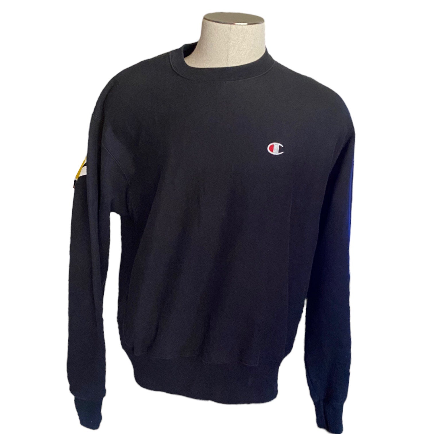 Front of Black sweatshirt with a logo on a mannequin against a white background