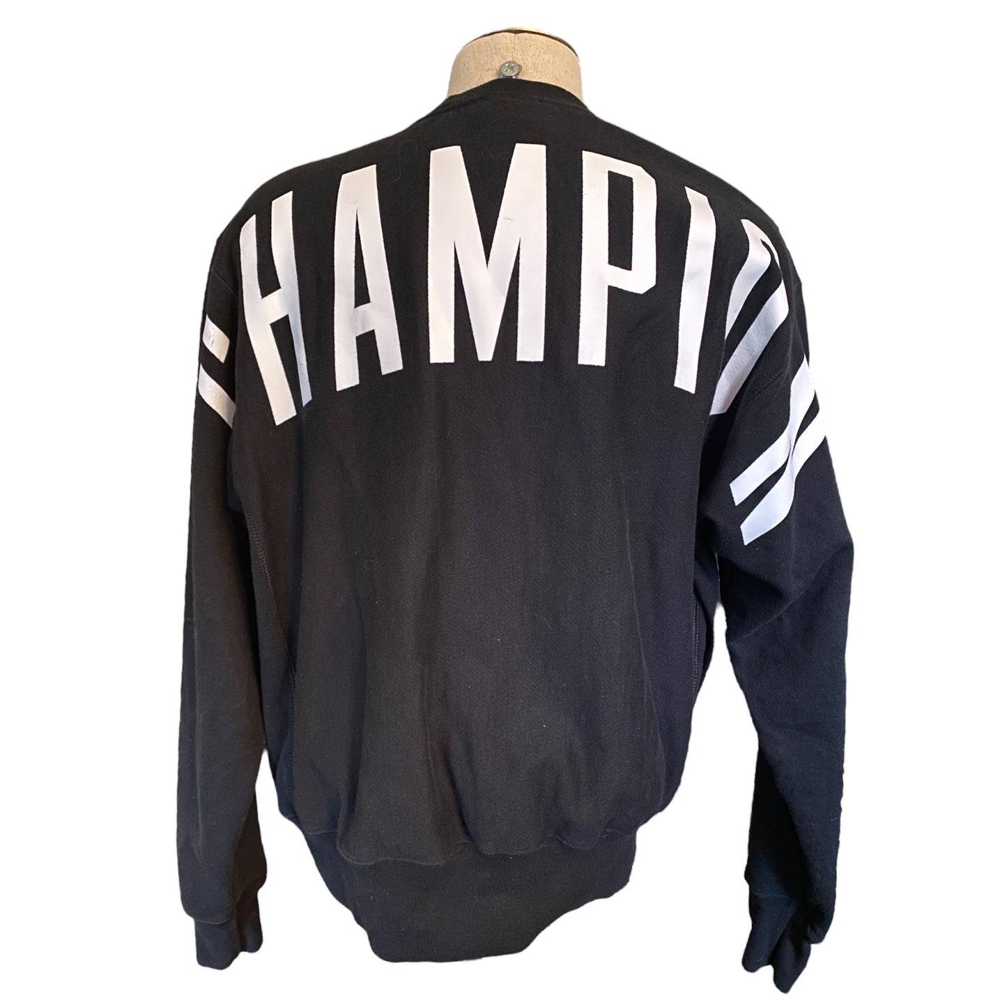 Black jacket with 'CHAMPION' printed on the back against a white background