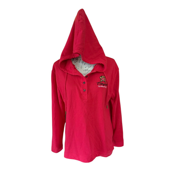 Front of hoodie with hood up