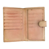 Pink leather wallet with multiple card slots on a white background