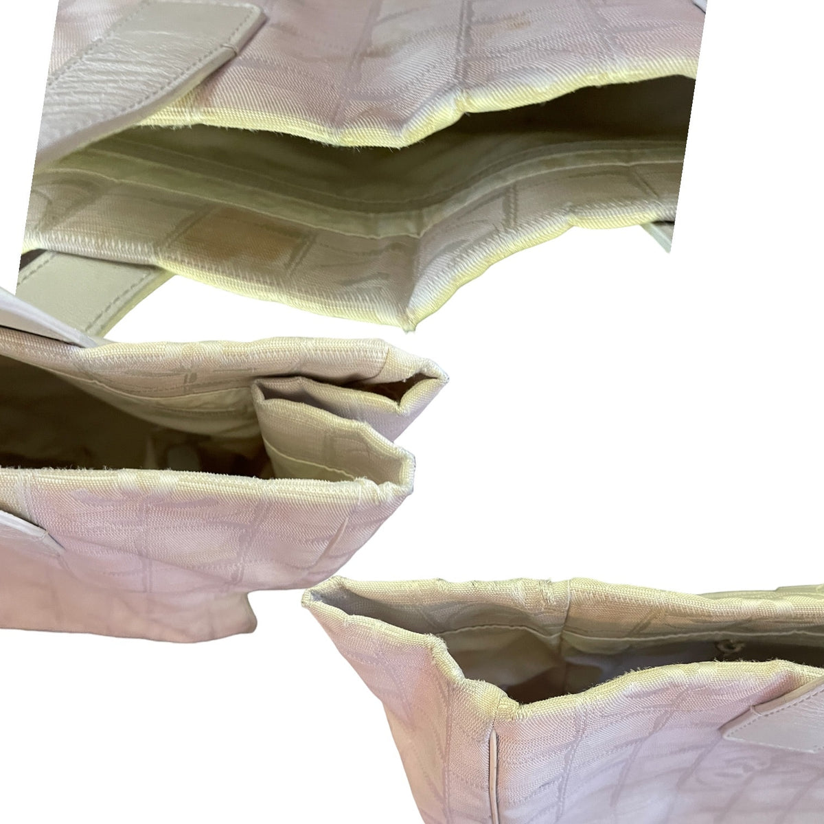 Close-up views of a off white beige tote bag showing from the top view and the interior compartments, stitched edges, and fabric texture against a white background.