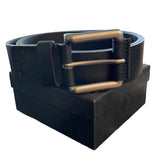 Black leather belt sitting on a box 2